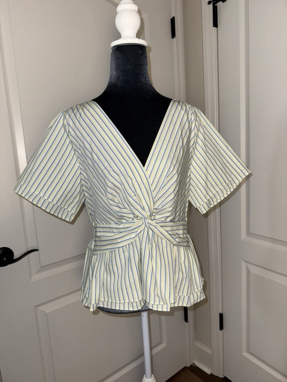 Derek Lam 10 Crosby Size 8 Caspien Striped Twist-Front Peplum Blouse Cotton NWT